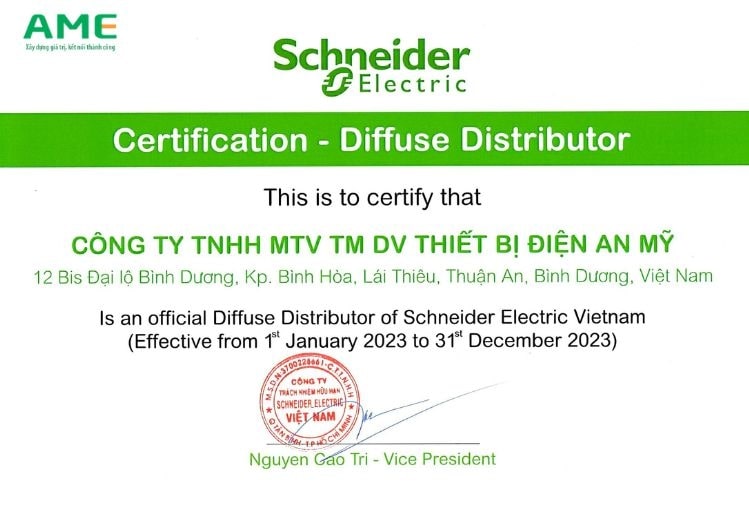 Chứng nhận AME Group - nhà phân phối Schneider Việt Nam